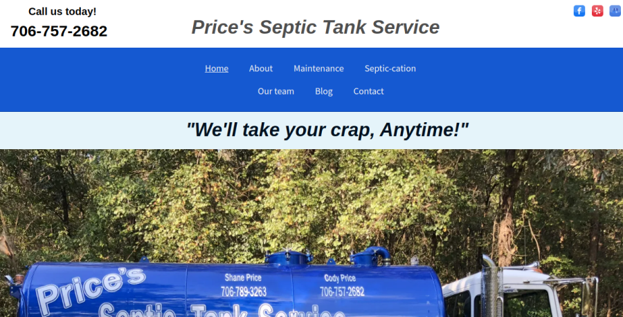 Screenshot of Price's Septic Tank Service website