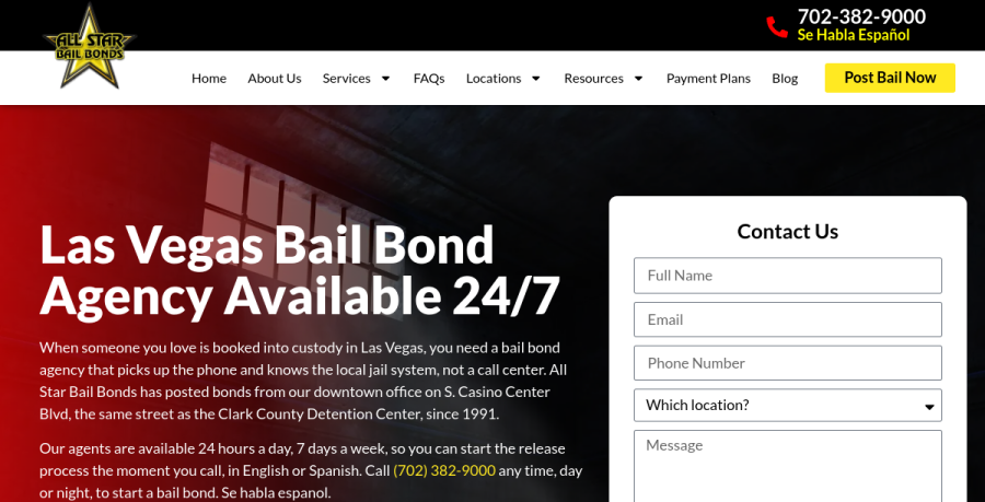Screenshot of All Star Bail Bonds website