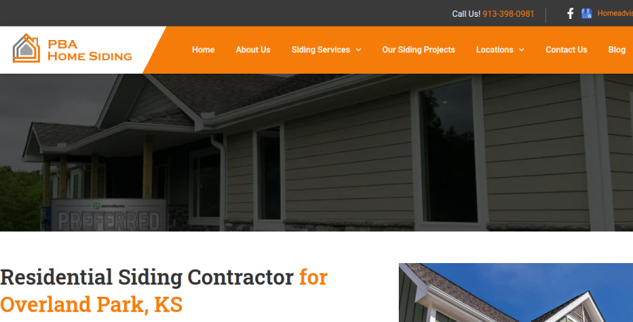 Screenshot of PBA Home Siding website