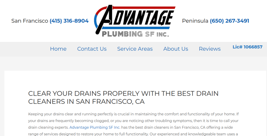 Screenshot of Advantage Plumbing SF, inc website