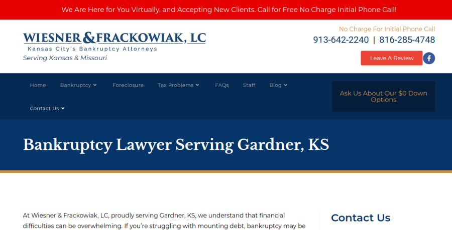 Screenshot of Wiesner & Frackowiak, LC website