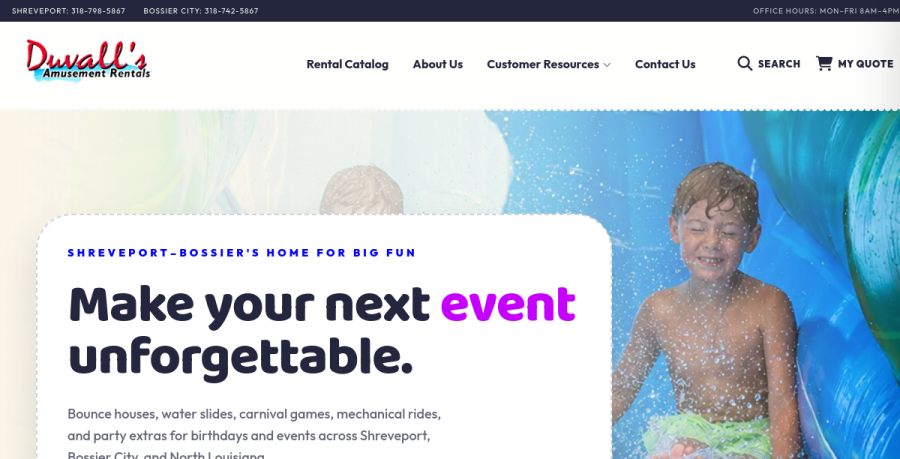 Screenshot of Duvalls Amusement Rentals website