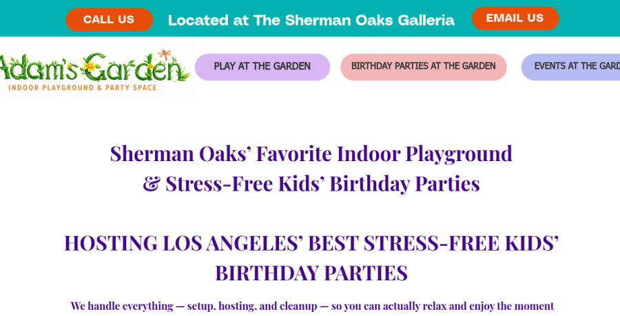Screenshot of Adam's Garden Indoor Playground & Party Space website