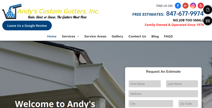 Screenshot of Andy's Custom Gutters, Inc. website