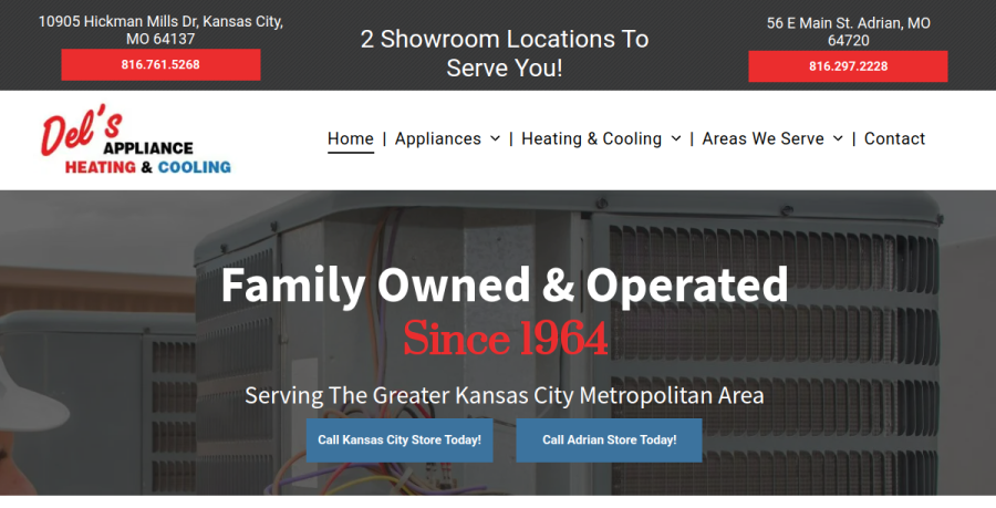 Screenshot of Del's Appliance Heating & Cooling website