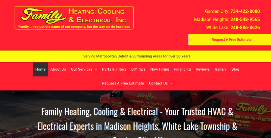 Screenshot of Family Heating, Cooling & Electrical Inc. website