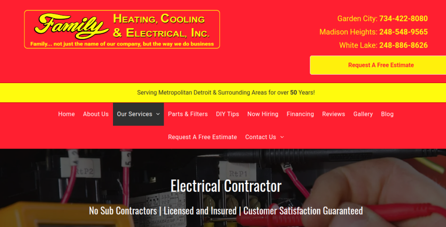 Screenshot of Family Heating, Cooling & Electrical Inc. website