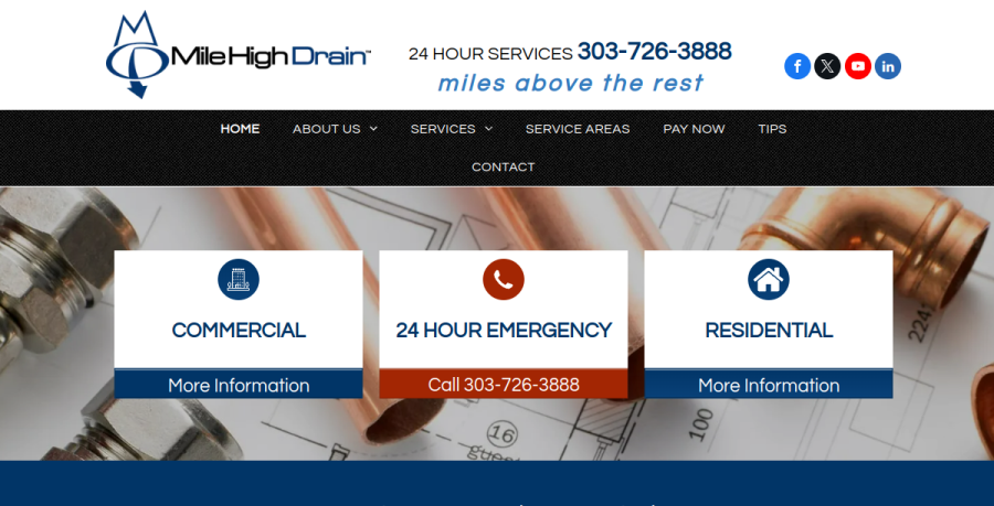 Screenshot of Mile High Drain website