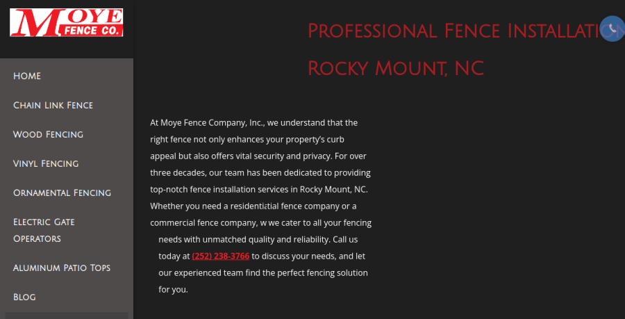Screenshot of Moye Fence Company, Inc. website