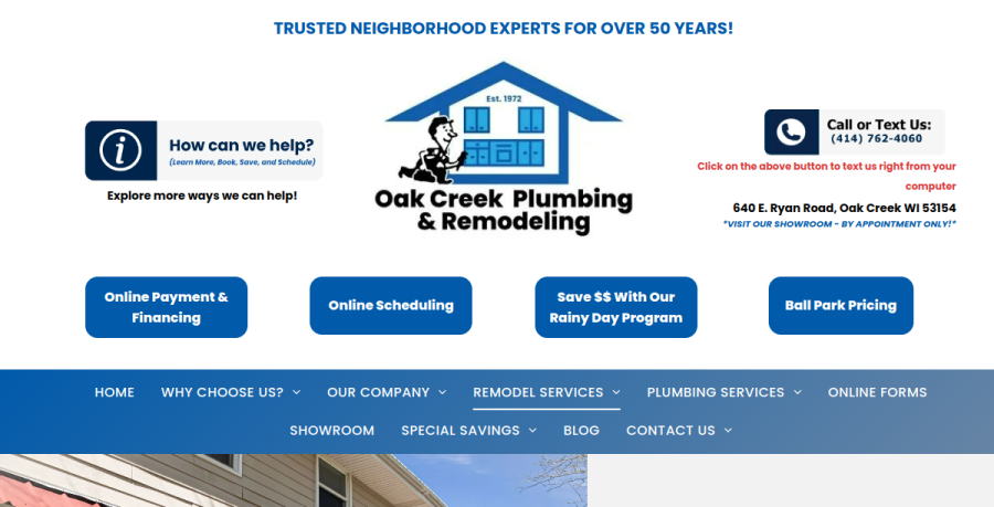 Screenshot of Oak Creek Plumbing and Remodeling website