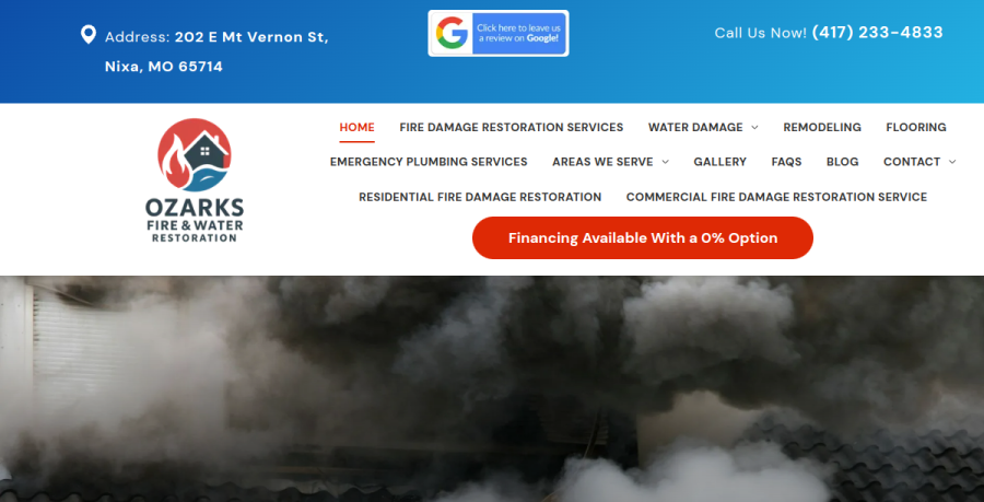 Screenshot of Ozarks Fire and Water Restoration website