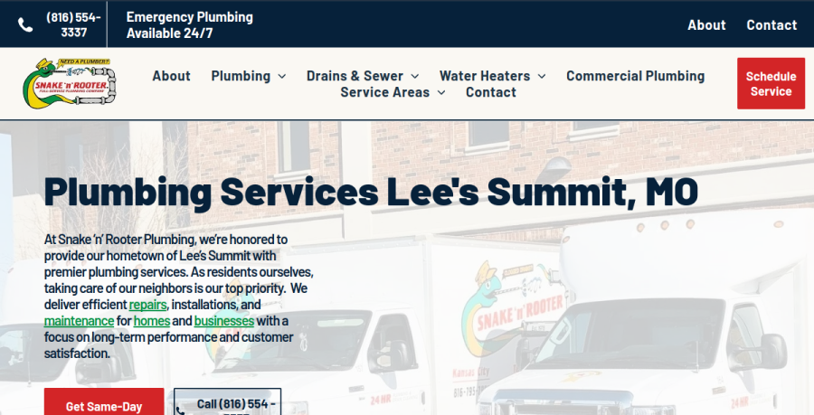 Screenshot of Snake 'n' Rooter Plumbing Company website