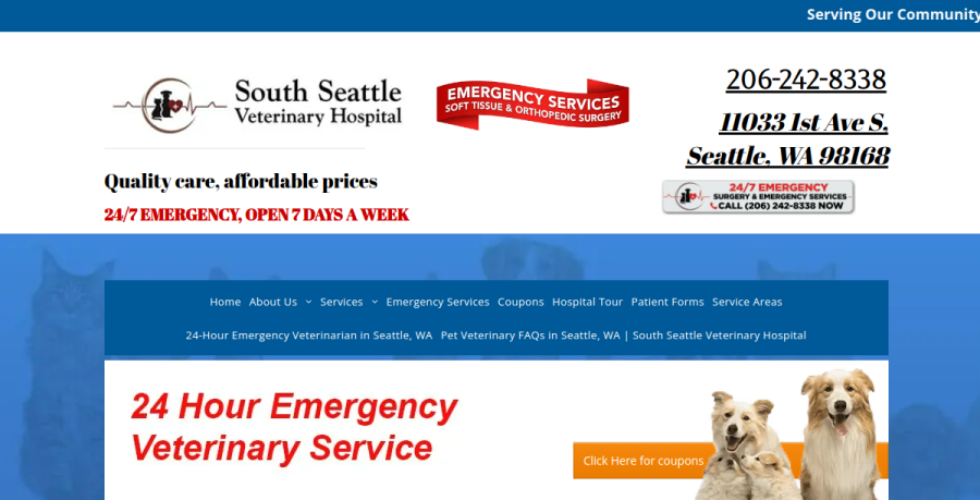 Screenshot of South Seattle Veterinary Hospital website