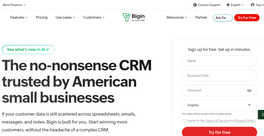 Bigin by Zoho website screenshot