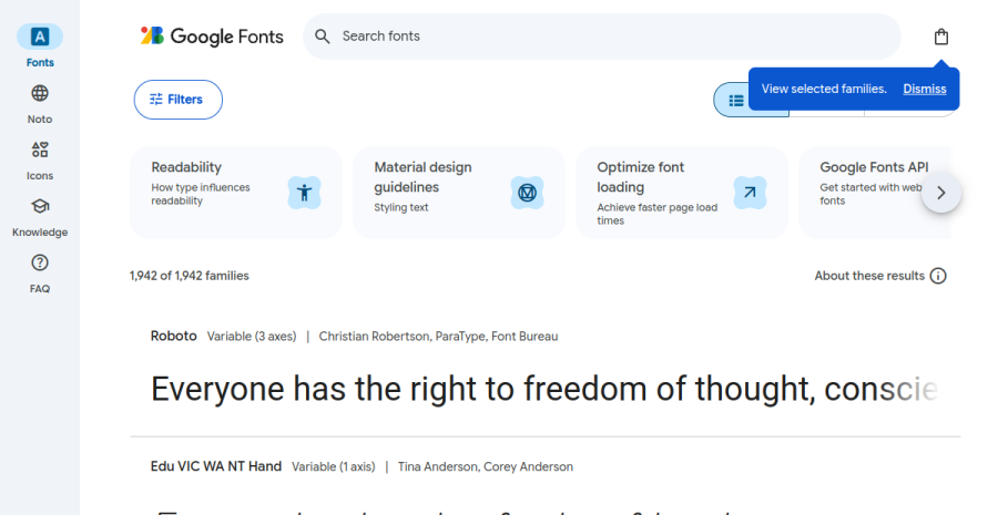 Google Fonts 메인 화면