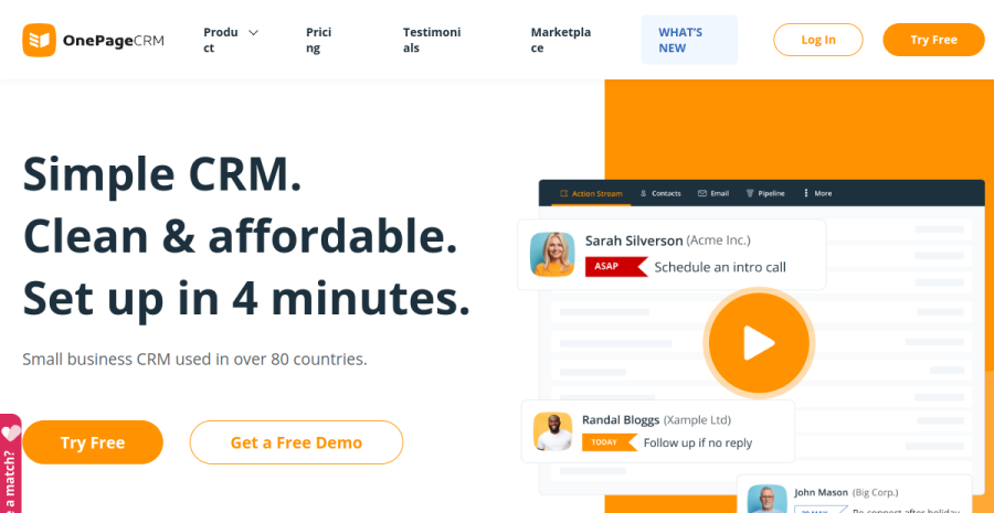 OnePageCRM website screenshot