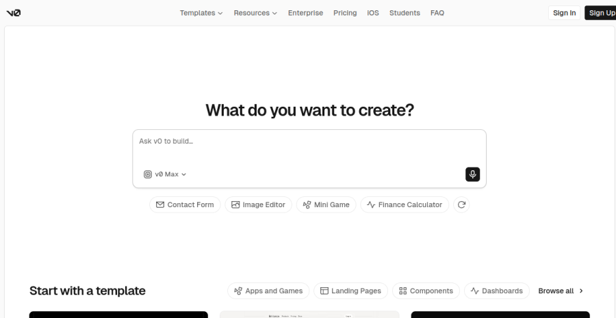 v0 (by Vercel) website screenshot