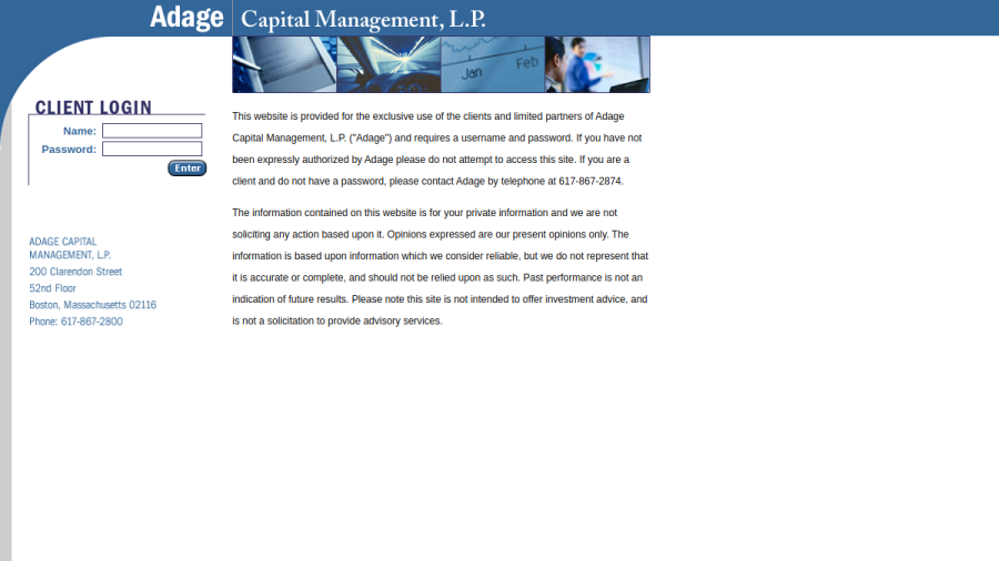Screenshot of the Adage Capital Management, L.P. website
