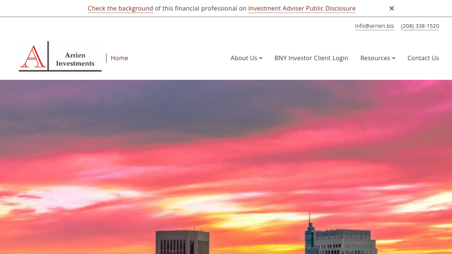 Screenshot of the Arrien Investments, INC. website