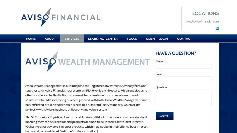 Screenshot of the Aviso Wealth Management website