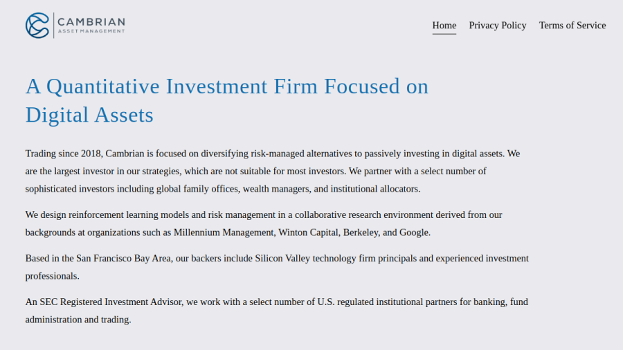 Screenshot of the Cambrian Asset Management, INC. website