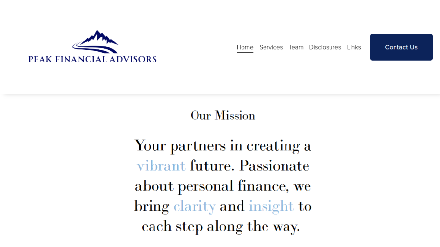 Screenshot of the Peak Financial Advisors website