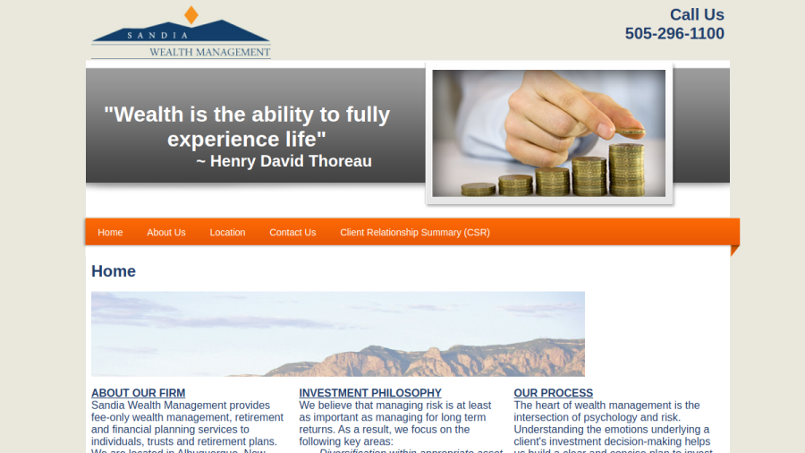 Screenshot of the Sandia Wealth Management, LLC website