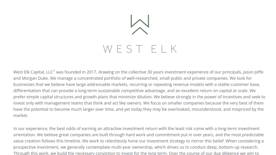 Screenshot of the West Elk Capital, LLC website