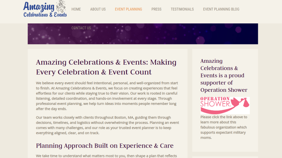 Screenshot of Amazing Celebrations & Events website