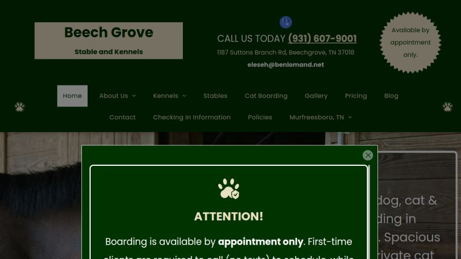 Screenshot of the Beech Grove Stable and Kennels website