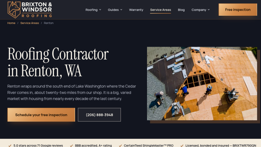 Screenshot of the Brixton & Windsor Roofing website