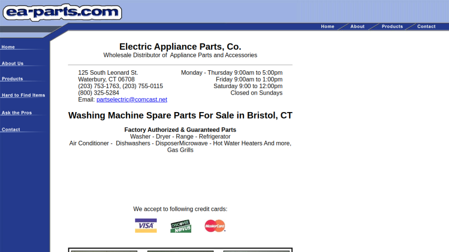 Screenshot of the Electric Appliance Parts Co website