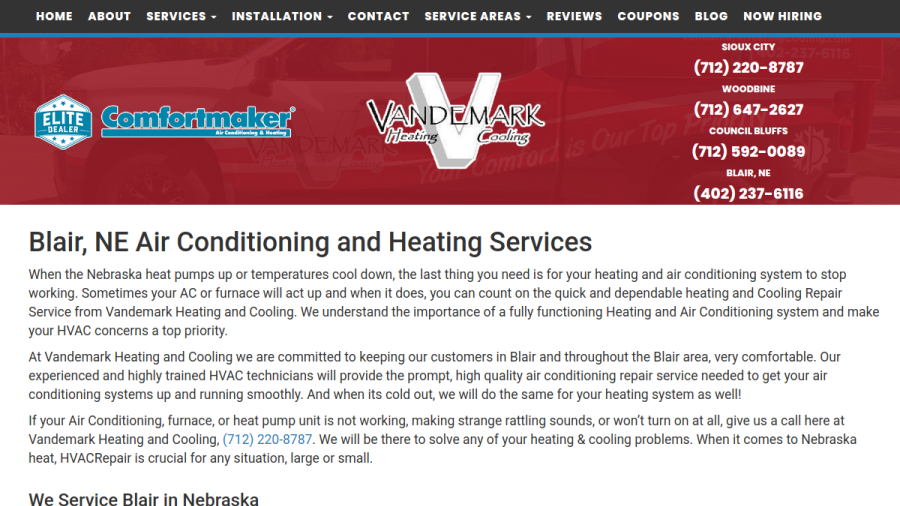 Website screenshot of Vandemark Heating and Cooling