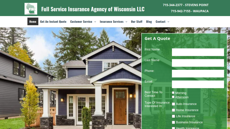 Screenshot of the Full Service Insurance Agency of Wisconsin LLC website