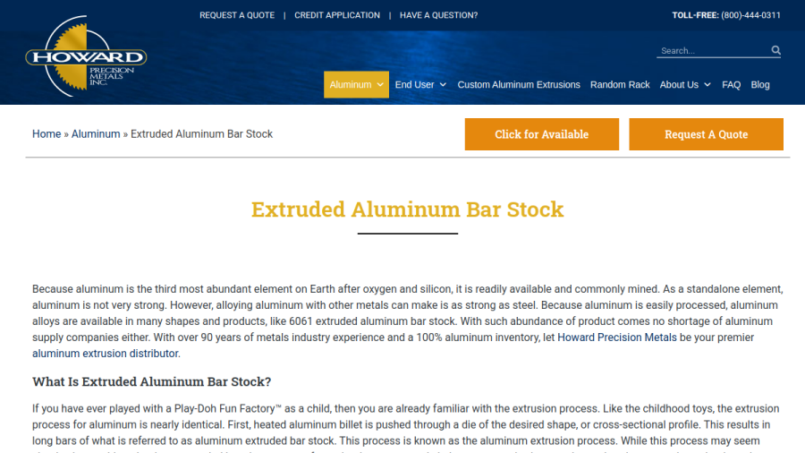 Website screenshot of Howard Precision Metals, Inc.