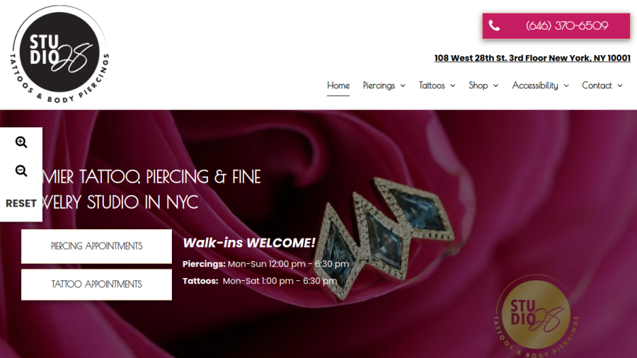 Screenshot of the Studio 28 Piercings, Fine Jewelry, and Custom Tattoose website