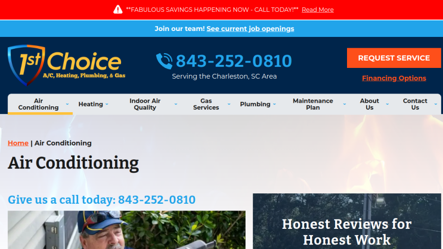 Website screenshot of 1st Choice For AC, Heating, Plumbing and Gas