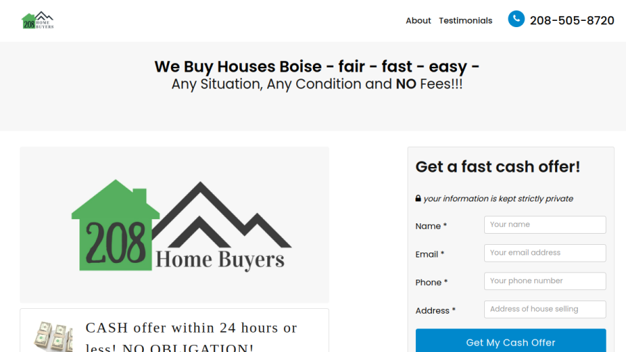 Screenshot of the 208 Home Buyers website