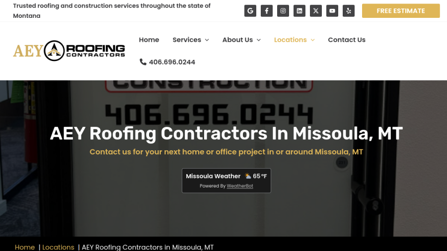 Screenshot of AEY Roofing Contractors - Missoula website