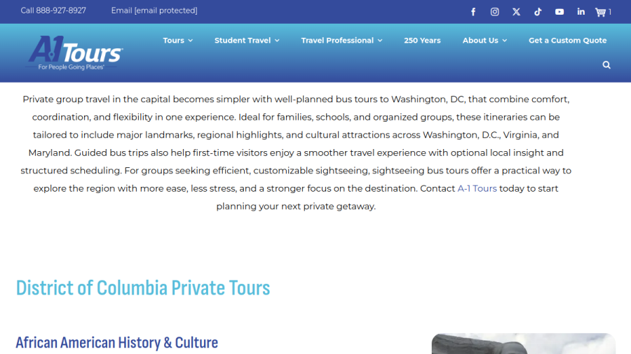 Screenshot of the A-1 Tours website