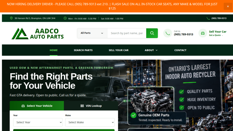 Screenshot of the AADCO Auto Parts website