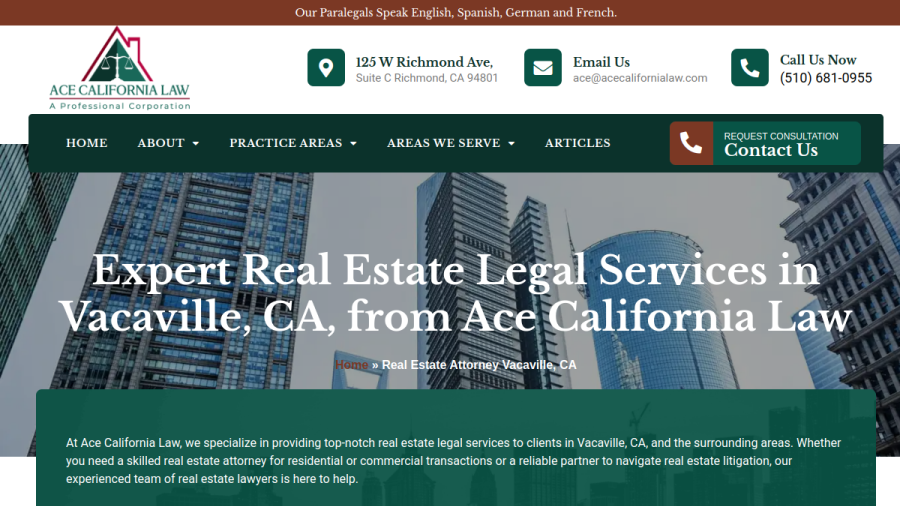 Screenshot of the Ace California Law website