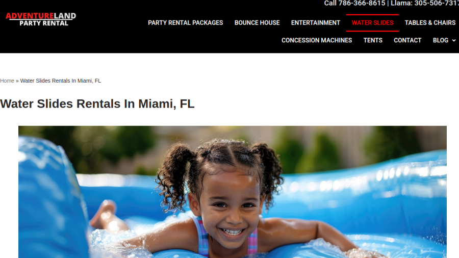 Screenshot of the Adventure Land Party Rental website
