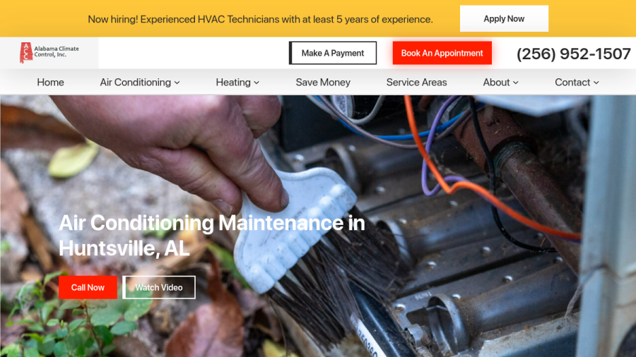 Screenshot of the Alabama Climate Control, Inc. website