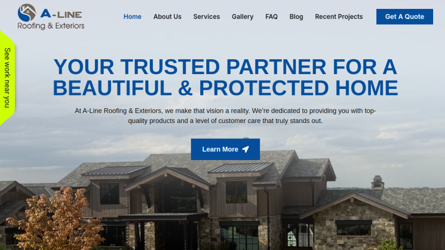 Screenshot of the A-Line Roofing & Exteriors website