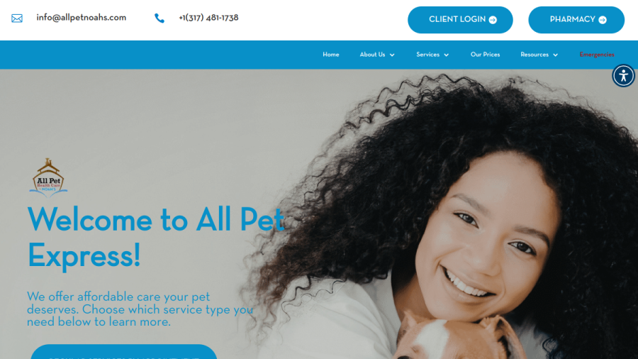 Screenshot of the All Pet Express by Noah's website