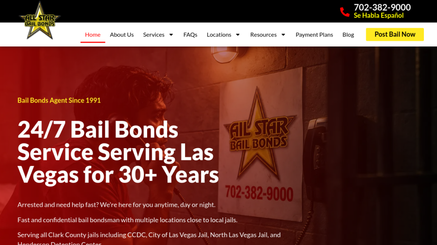 Screenshot of the All Star Bail Bonds website