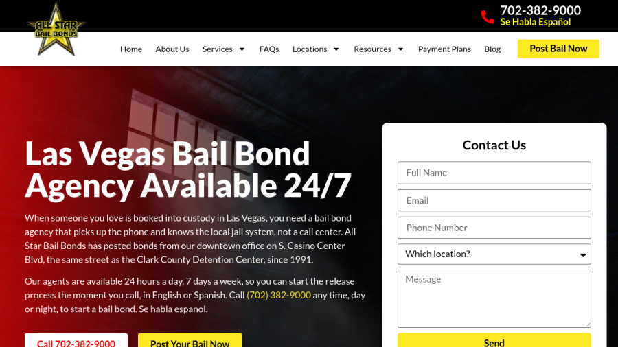 Screenshot of the All Star Bail Bonds website