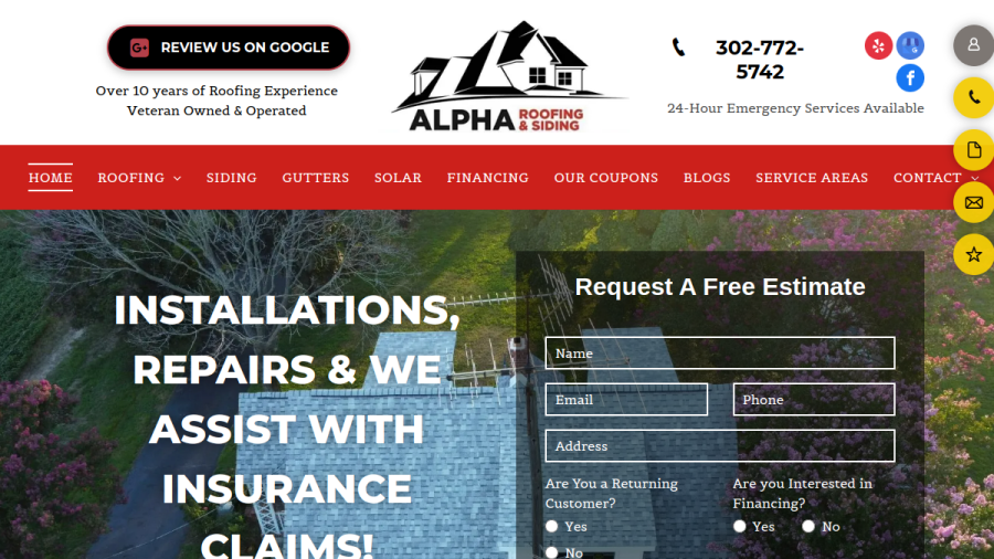 Screenshot of the Alpha Roofing & Siding website