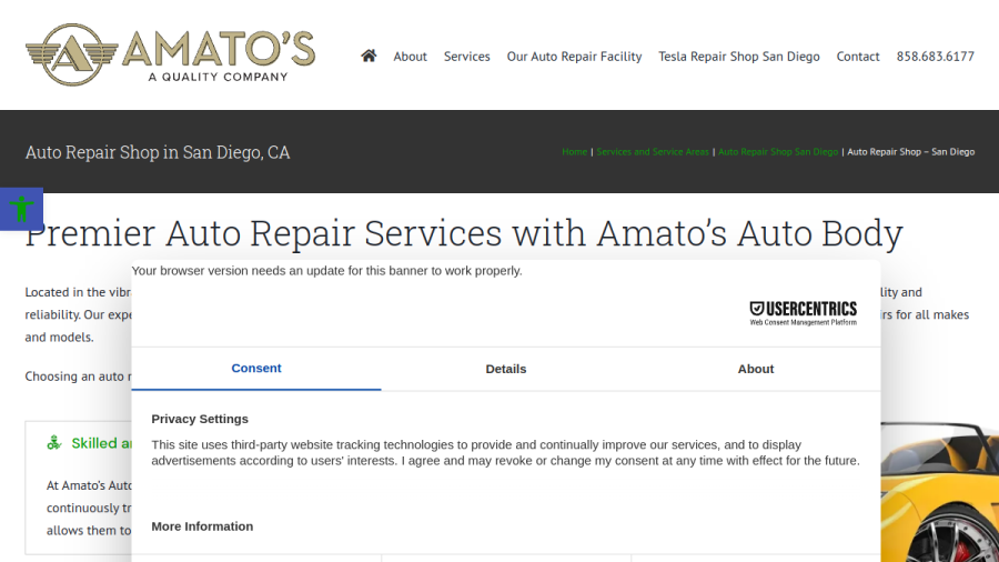 Screenshot of the Amato's Import Auto Collision Repair Center website